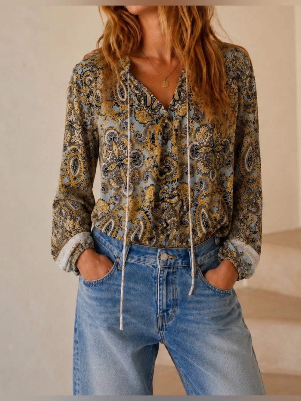 Free People Blue & Gold Paisley Printed Long Sleeve Button Down Blouse - Size XS